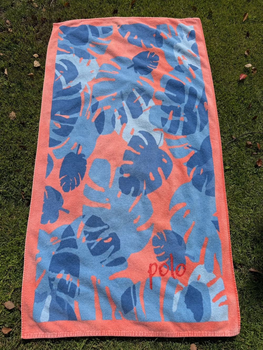 VTG Ralph Lauren Monstera Leaf Tropical Polo Beach Towel Pink Blue Brazil 31x58